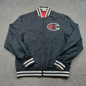 Champion Jacket Mens Medium Black Bomber‎ Windbreaker Full Zip Back Logo